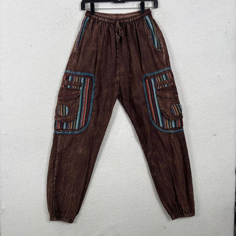 Ubranded Stonewashed Harem Pants Cotton Boho Cargo Medium Brown Tribal Woven